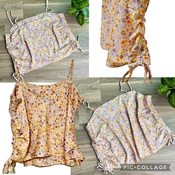 Pink Rose Floral Print Side Tie Ruched Camisole Top Multicolor Size L - Picture 12 of 13